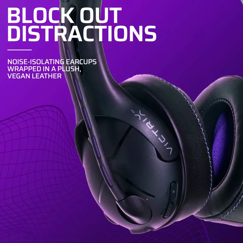 Headset VICTRIX Gambit Wireless — káblový & bezdrôtový, 20–20000 Hz, 2 m kábel, 301 g, čierna/fialová