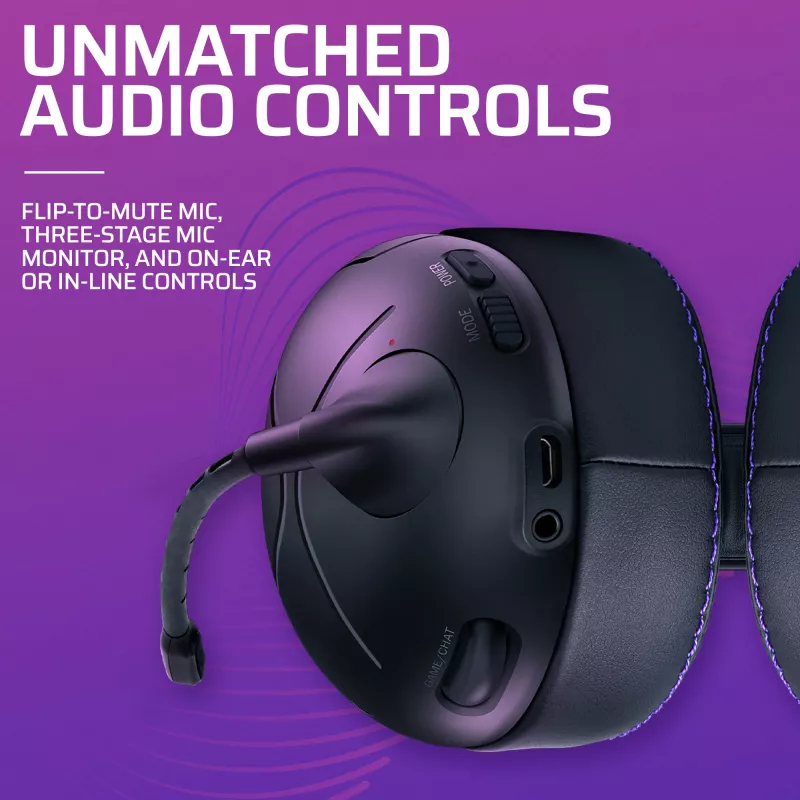 Headset VICTRIX Gambit Wireless — káblový & bezdrôtový, 20–20000 Hz, 2 m kábel, 301 g, čierna/fialová