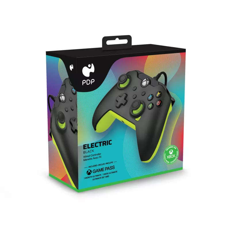Káblový PDP gamepad Electric čierny pre Xbox Series X|S, Xbox One a Windows – USB-C, 2,43 m kábel, D-pad, tlačidlá Menu/Share/View