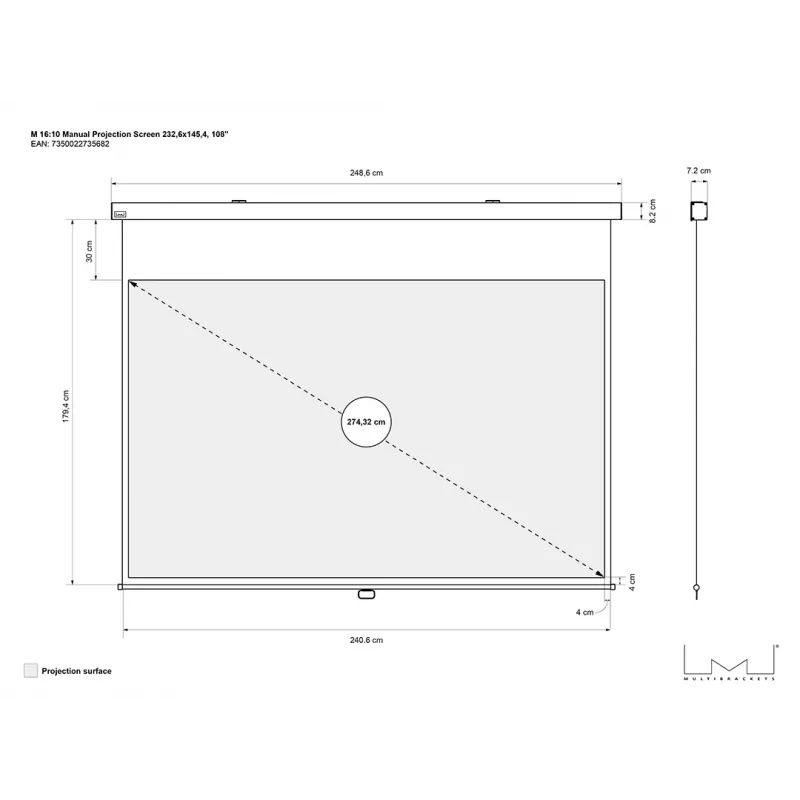 Multibrackets M 16:10 manuálne projekčné plátno 232,6x145,4, 108 palcov