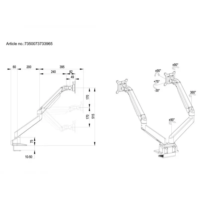 Multibrackets M VESA Gas Lift Arm Dual Side by Side čierna svorka 20 kg 15-32 palcov