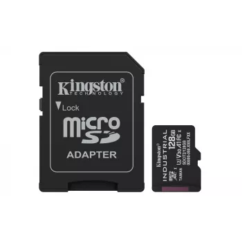 MicroSDXC flash karta Kingston 128 GB Industrial C10 A1 pSLC UHS-I, 100 MB/s čítanie, 80 MB/s zápis, V30/U3, čierna + SD adaptér