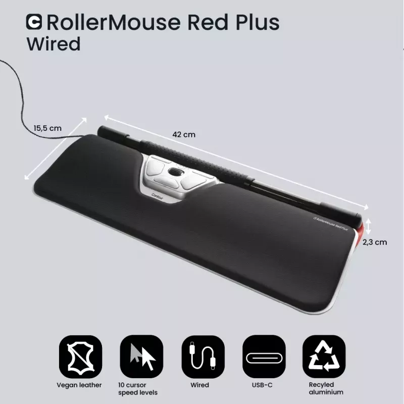 Contour Design RollerMouse Red Plus, Thin Client, káblová - centrálna ukazovacia jednotka - ergonomická - pre pravákov a ľavákov - káblová - USB-C