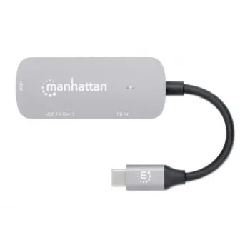 Manhattan USB-C dokovacia stanica/hub, porty (x3): HDMI, USB-A a USB-C, s Power Delivery (PD) 100 W – vyžaduje externú USB-C nabíjačku (nie je súčasťou dodávky). Napájaný cez USB (nie je potrebný externý napájací zdroj), ak sa PD nepoužíva, hliník
