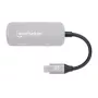 Manhattan USB-C dokovacia stanica/hub, porty (x3): HDMI, USB-A a USB-C, s Power Delivery (PD) 100 W – vyžaduje externú USB-C nabíjačku (nie je súčasťou dodávky). Napájaný cez USB (nie je potrebný externý napájací zdroj), ak sa PD nepoužíva, hliník