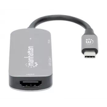Manhattan USB-C dokovacia stanica/hub, porty (x3): HDMI, USB-A a USB-C, s Power Delivery (PD) 100 W – vyžaduje externú USB-C nabíjačku (nie je súčasťou dodávky). Napájaný cez USB (nie je potrebný externý napájací zdroj), ak sa PD nepoužíva, hliník