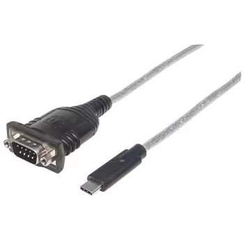 Manhattan USB-C na sériový konvertor, konektor samec na konektor samec, USB-C na sériový/RS232/COM/DB9 port, čipová sada Prolific PL-2303RA, kábel 45 cm, strieborná/čierna, polytaška