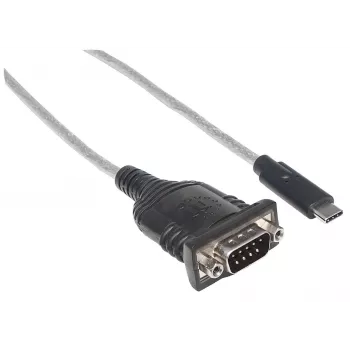 Manhattan USB-C na sériový konvertor, konektor samec na konektor samec, USB-C na sériový/RS232/COM/DB9 port, čipová sada Prolific PL-2303RA, kábel 45 cm, strieborná/čierna, polytaška
