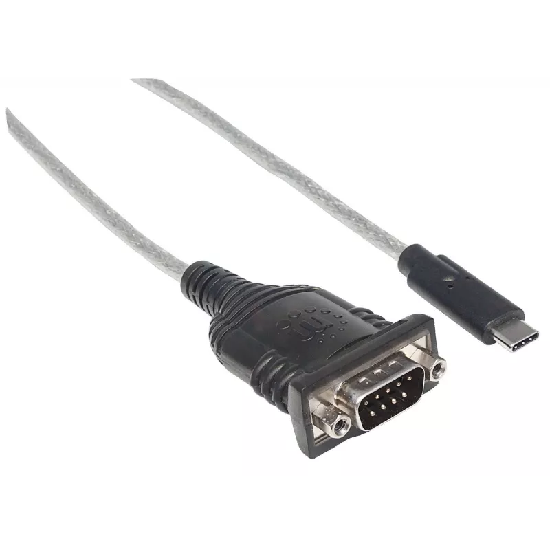Manhattan USB-C na sériový konvertor, konektor samec na konektor samec, USB-C na sériový/RS232/COM/DB9 port, čipová sada Prolific PL-2303RA, kábel 45 cm, strieborná/čierna, polytaška