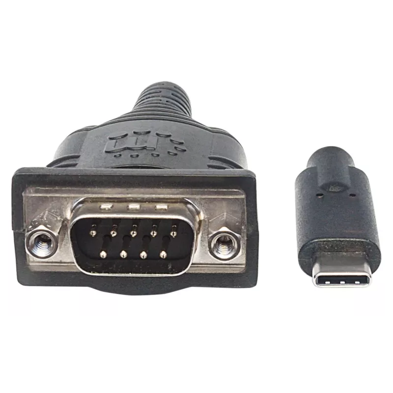 Manhattan USB-C na sériový konvertor, konektor samec na konektor samec, USB-C na sériový/RS232/COM/DB9 port, čipová sada Prolific PL-2303RA, kábel 45 cm, strieborná/čierna, polytaška