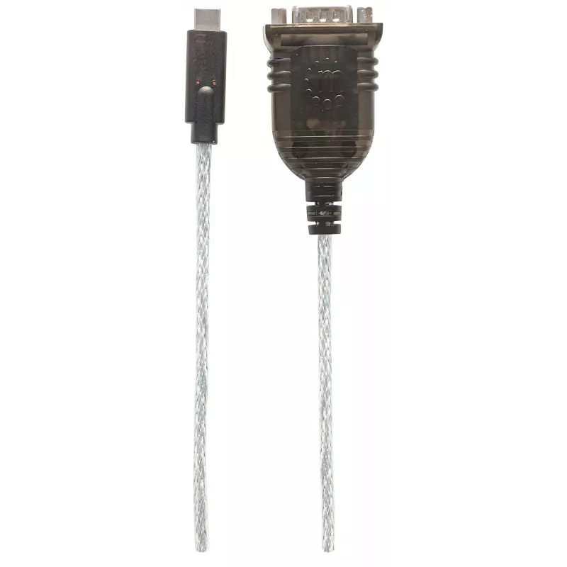 Manhattan USB-C na sériový konvertor, konektor samec na konektor samec, USB-C na sériový/RS232/COM/DB9 port, čipová sada Prolific PL-2303RA, kábel 45 cm, strieborná/čierna, polytaška