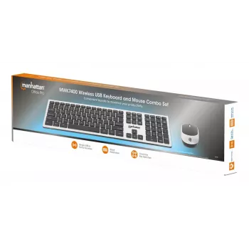 Manhattan samostatný USB-A nano prijímač pre obe, bezdrôtová full-size klávesnica, obojručná optická myš s tromi tlačidlami a kolieskom, 1200 dpi, strieborná/čierna