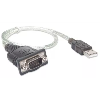 Manhattan USB-A na sériový konvertorový kábel, 45 cm, konektor samec na konektor samec, sériový/RS232/COM/DB9, čipová sada Prolific PL-2303RA, čierny/strieborný kábel, trojročná záruka, ekvivalent k ICUSB232V2