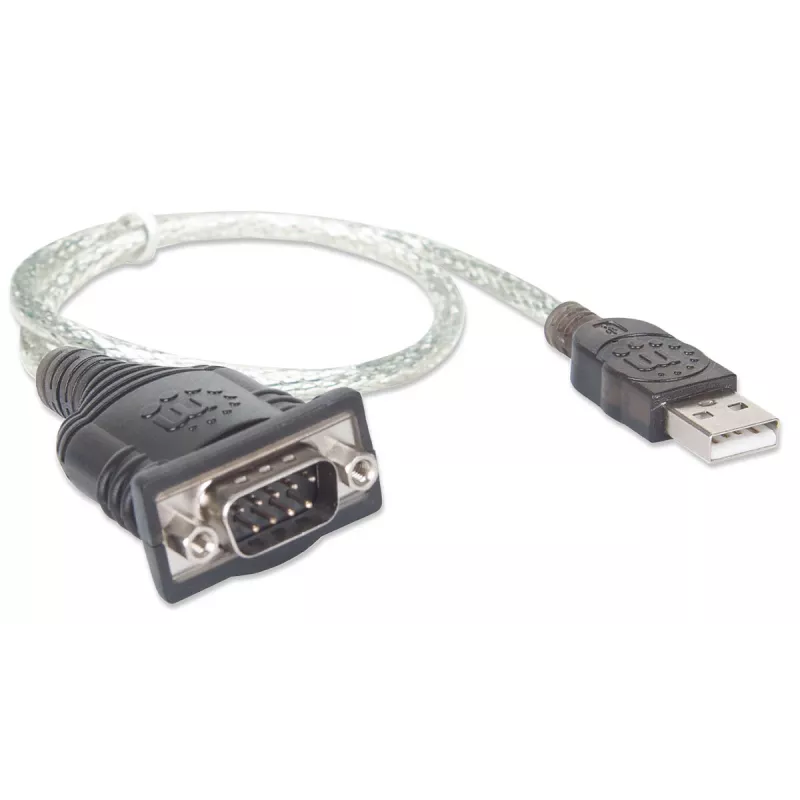 Manhattan USB-A na sériový konvertorový kábel, 45 cm, konektor samec na konektor samec, sériový/RS232/COM/DB9, čipová sada Prolific PL-2303RA, čierny/strieborný kábel, trojročná záruka, ekvivalent k ICUSB232V2
