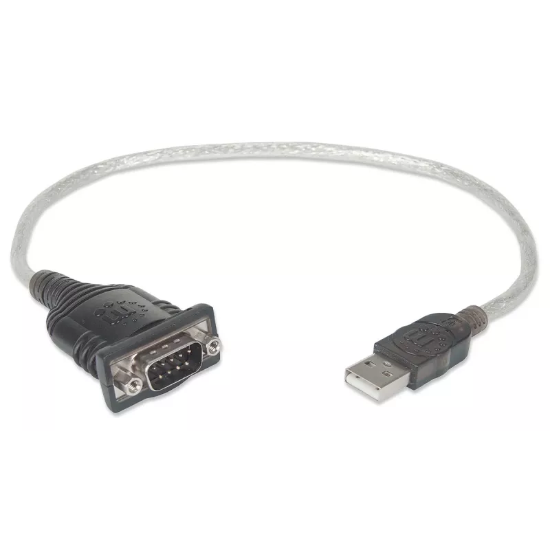 Manhattan USB-A na sériový konvertorový kábel, 45 cm, konektor samec na konektor samec, sériový/RS232/COM/DB9, čipová sada Prolific PL-2303RA, čierny/strieborný kábel, trojročná záruka, ekvivalent k ICUSB232V2