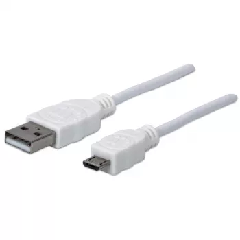 Manhattan USB-A na Micro-USB kábel, 1,8 m, konektor samec na konektor samec, 480 Mbit/s (USB 2.0), Hi-Speed USB, biely, doživotná záruka