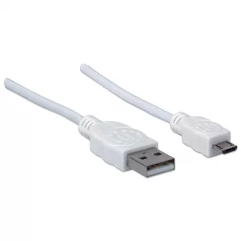 Manhattan USB-A na Micro-USB kábel, 1,8 m, konektor samec na konektor samec, 480 Mbit/s (USB 2.0), Hi-Speed USB, biely, doživotná záruka