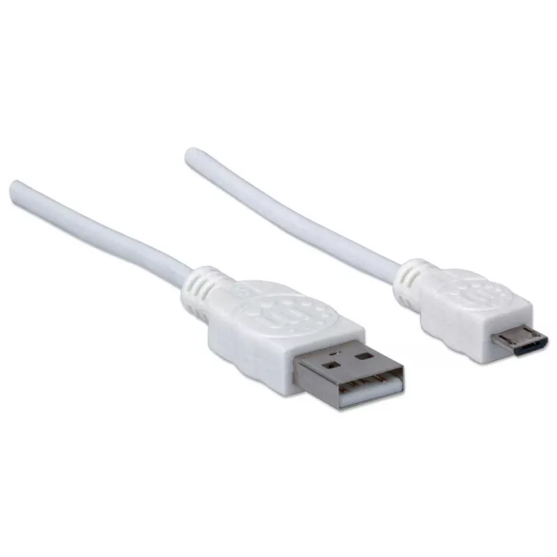 Manhattan USB-A na Micro-USB kábel, 1,8 m, konektor samec na konektor samec, 480 Mbit/s (USB 2.0), Hi-Speed USB, biely, doživotná záruka