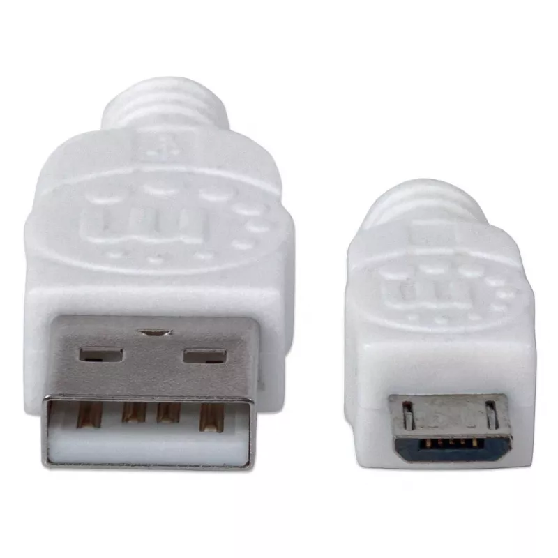 Manhattan USB-A na Micro-USB kábel, 1,8 m, konektor samec na konektor samec, 480 Mbit/s (USB 2.0), Hi-Speed USB, biely, doživotná záruka