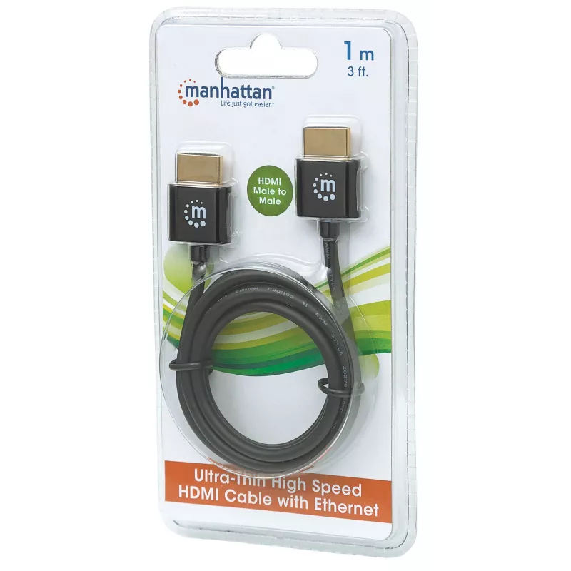 Manhattan HDMI kábel s Ethernetom (Ultra Thin), 4K@60Hz (Premium High Speed), 1 m, konektor samec na konektor samec, čierny, Ultra HD 4k x 2k, plne tienený, pozlátené kontakty, doživotná záruka