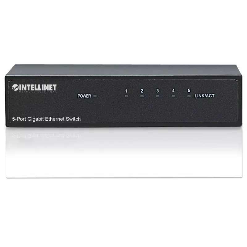 Intellinet 5-portový Gigabit Ethernet switch, veľkosť na stôl, kovové puzdro, IEEE 802.3az (Energy Efficient Ethernet)
