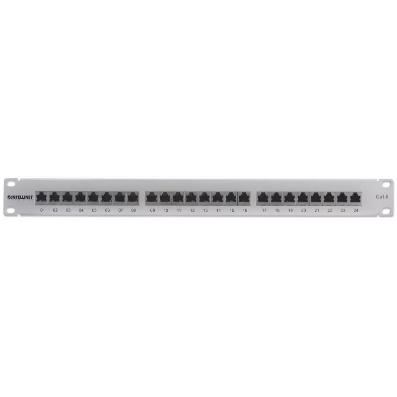 Intellinet patch panel, Cat6, FTP, 24-port, 1U, tienený, 90° Top-Entry LSA lišty, sivý