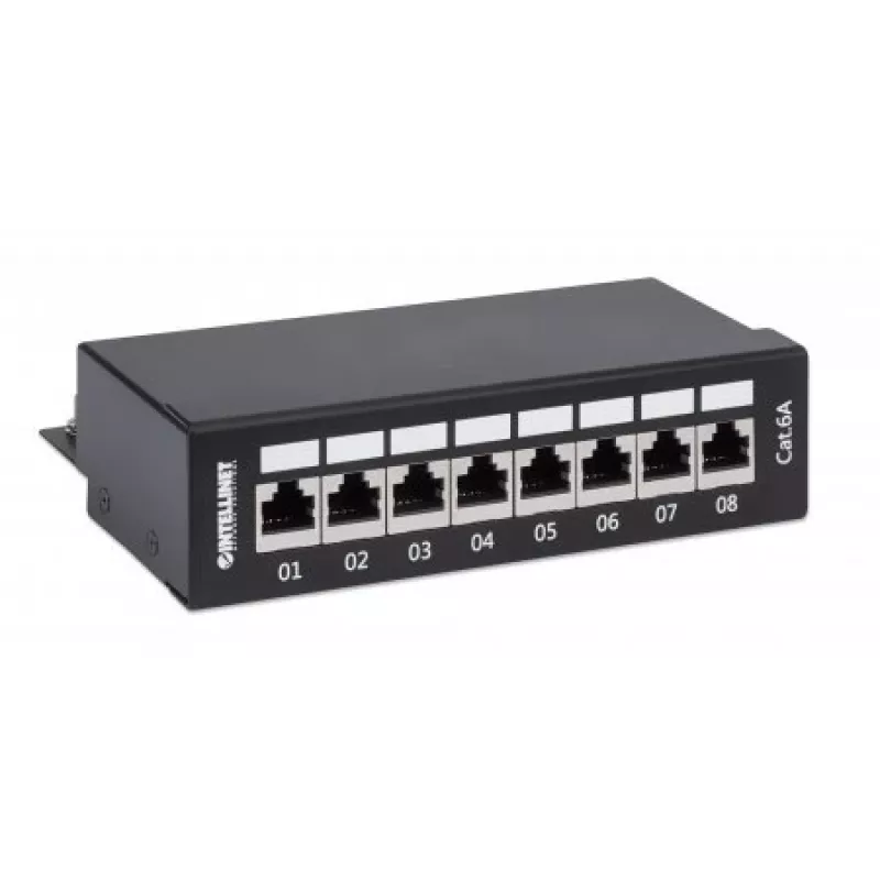 Intellinet patch panel, Cat6a, FTP, 8-port, desktop, tienený, 90° Top-Entry LSA lišty, čierny