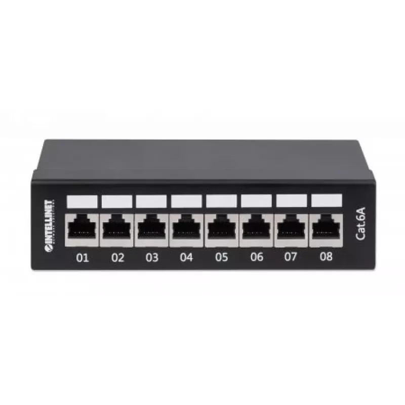 Intellinet patch panel, Cat6a, FTP, 8-port, desktop, tienený, 90° Top-Entry LSA lišty, čierny