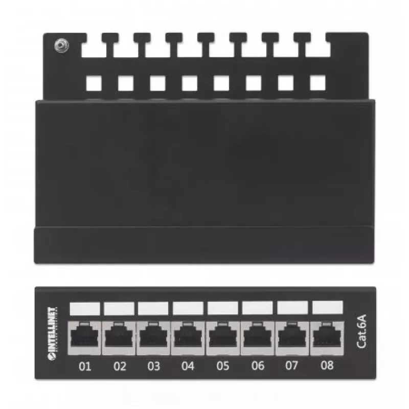 Intellinet patch panel, Cat6a, FTP, 8-port, desktop, tienený, 90° Top-Entry LSA lišty, čierny