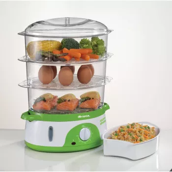 Ariete 911 Healthy Steam - elektrický parný hrniec - 3 košíky - nádoba na ryžu - časovač 60 min. - 800 W - 9 litrov - biela a zelená