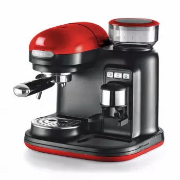 Ariete 1318 Moderna kávovar na espresso so zabudovaným mlynčekom na kávu, na kávové zrná a mletú kávu, šľahač mlieka Cappuccinatore, filter na 1 a 2 šálky, 1080 W, 800 ml, červená