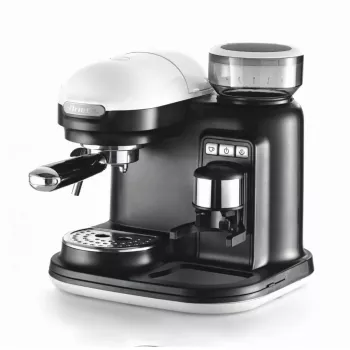 Ariete 1318 Moderna kávovar na espresso so zabudovaným mlynčekom na kávu, na kávové zrná a mletú kávu, tryska na šľahanie mlieka na cappuccino, filter na 1 a 2 šálky, 1080 W, 800 cc, biela