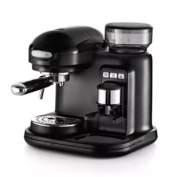 Ariete 1318 Moderna kávovar na espresso so zabudovaným mlynčekom na kávu, na kávové zrná a mletú kávu, šľahač mlieka na cappuccino, filter na 1 a 2 šálky, 1080 W, 800 ml, čierna