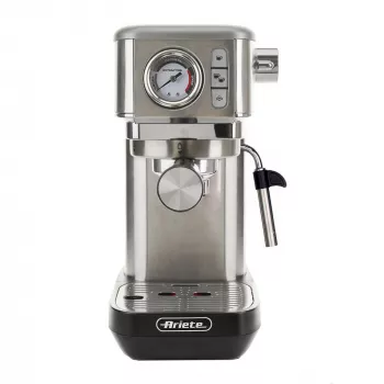 Ariete 1381 kávovar s manometrom, vhodný na mletú kávu a ESE pody, 1300 W, kapacita 1,1 l, tlak 15 bar, filter na ½ šálky, tryska na cappuccino, strieborná