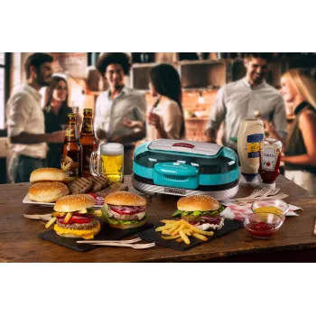Ariete 205 prípravník hamburgerov Party Time, stroj na hamburgery, 1200 W, dvojité nepriľnavé platne, 2 priehradky, ľahké čistenie, modrá