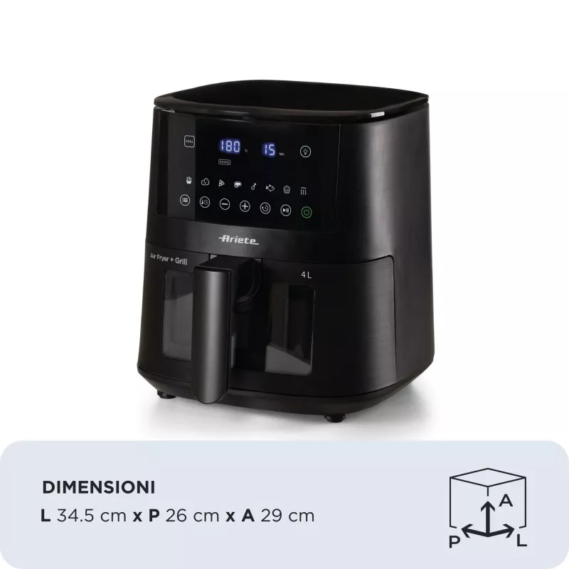 Ariete 4633, teplovzdušná fritéza 4L, 1400W, objem 4L, 9 programov, funkcia Shake a Grill, teplota do 200°C, čierna