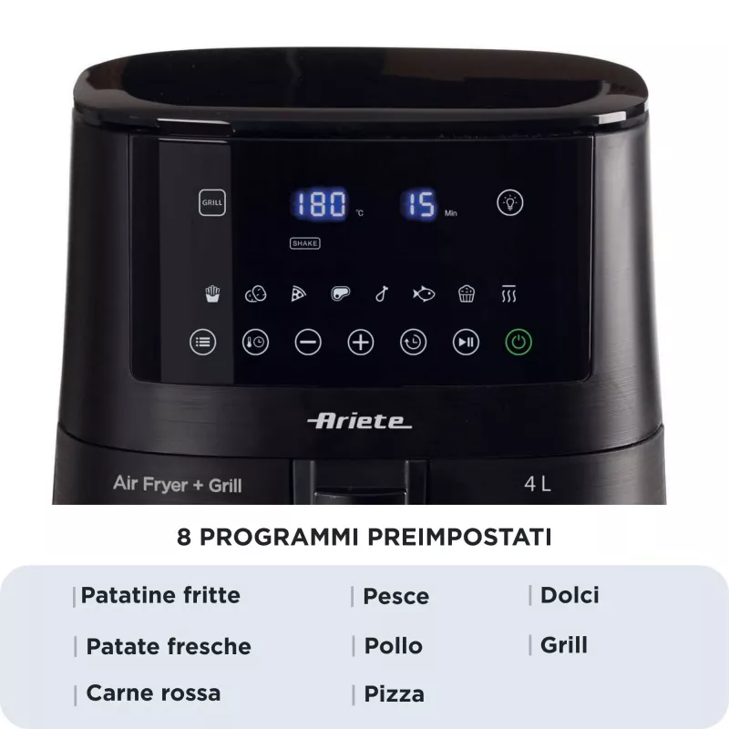 Ariete 4633, teplovzdušná fritéza 4L, 1400W, objem 4L, 9 programov, funkcia Shake a Grill, teplota do 200°C, čierna