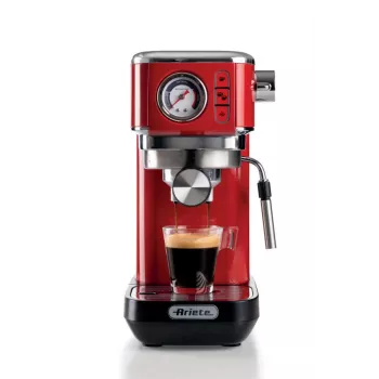 Ariete Moderna Line 1381 kávovar s manometrom, vhodný na kávový prášok a ESE pody, 1300 W, objem 1,1 l, tlak 15 bar, filter na pol šálky, tryska na cappuccino, červená