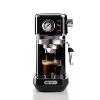 Ariete 1381 kávovar s manometrom, vhodný na kávový prášok a ESE pody, 1300 W, nádrž na vodu 1,1 l, tlak 15 bar, filter na ½ šálky, tryska na cappuccino, čierna