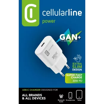 Cellularline GAN nástenná nabíjačka USB-C 30W PD USB-C 30W PD nástenná nabíjačka s technológiou GaN