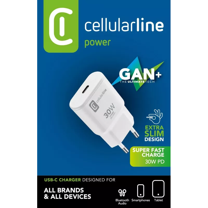 Cellularline GAN nástenná nabíjačka USB-C 30W PD USB-C 30W PD nástenná nabíjačka s technológiou GaN