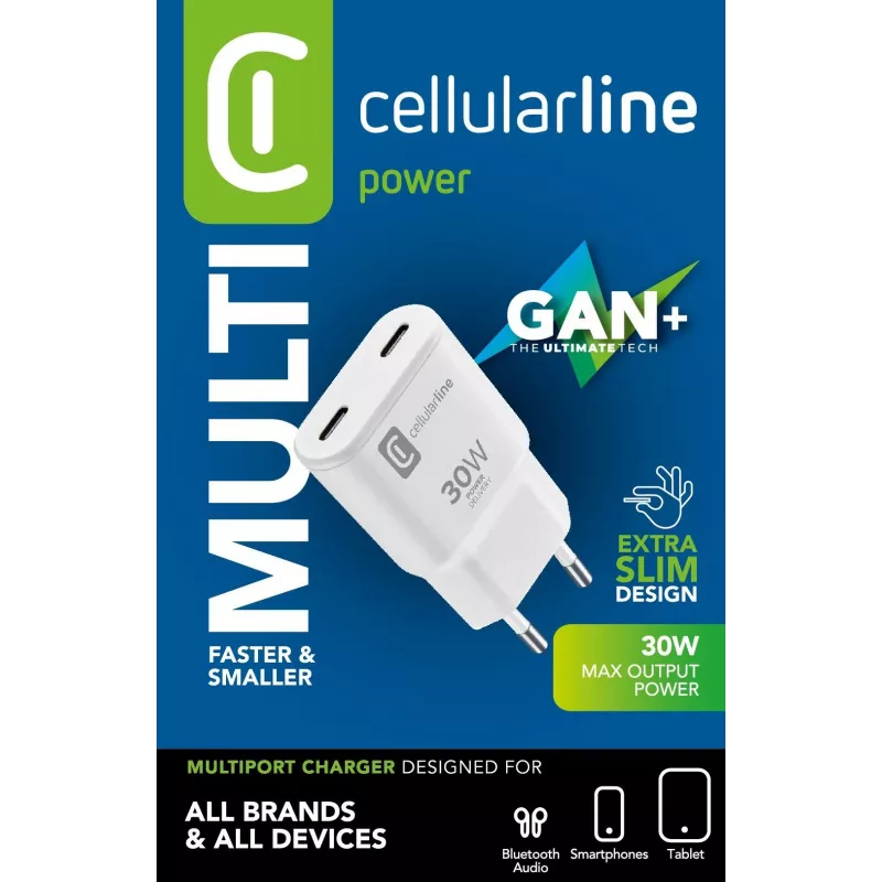 Cellularline GAN nástenná nabíjačka 2xUSB-C 30W PD 2xUSB-C 30W PD nástenná nabíjačka s technológiou GaN
