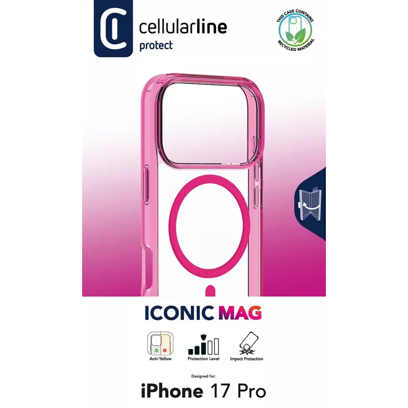 Cellularline Iconic Mag - iPhone 17 Pro transparentné puzdro s farebnými okrajmi, kompatibilné s ekosystémom MagSafe