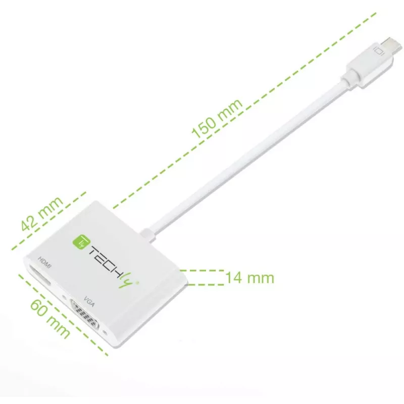 Techly Mini DisplayPort na HDMI/VGA adaptér, 0,15 m, Mini DisplayPort, HDMI + VGA (D-Sub), konektor samec, konektor samica, 1920 x 1200 pixelov