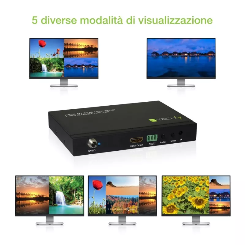 Techly HDMI 4x1 multiviewer s bezproblémovým prepínačom, HDMI, kov, čierny, 60 Hz, 1080p, 2,25 Gbit/s