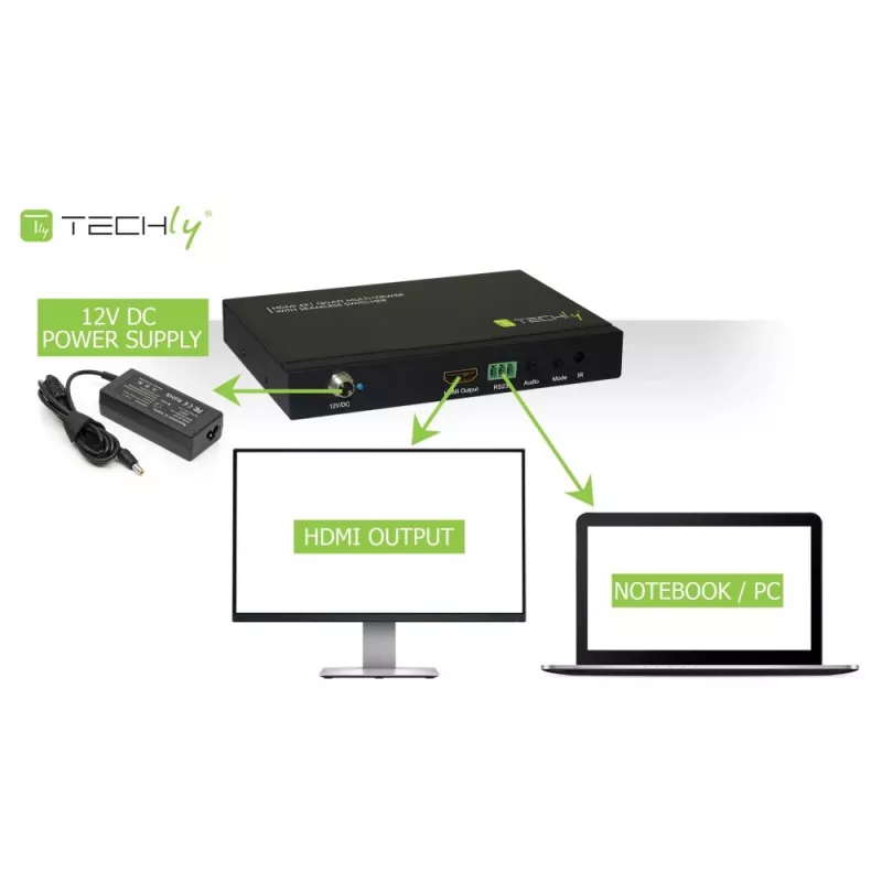 Techly HDMI 4x1 multiviewer s bezproblémovým prepínačom, HDMI, kov, čierny, 60 Hz, 1080p, 2,25 Gbit/s
