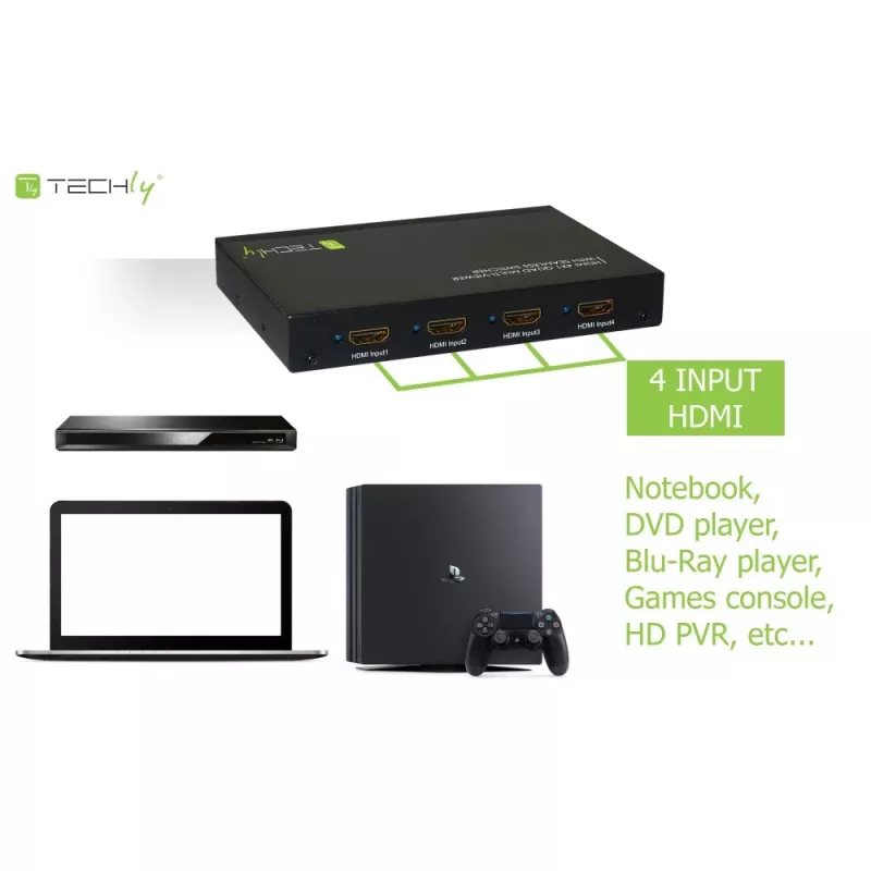 Techly HDMI 4x1 multiviewer s bezproblémovým prepínačom, HDMI, kov, čierny, 60 Hz, 1080p, 2,25 Gbit/s