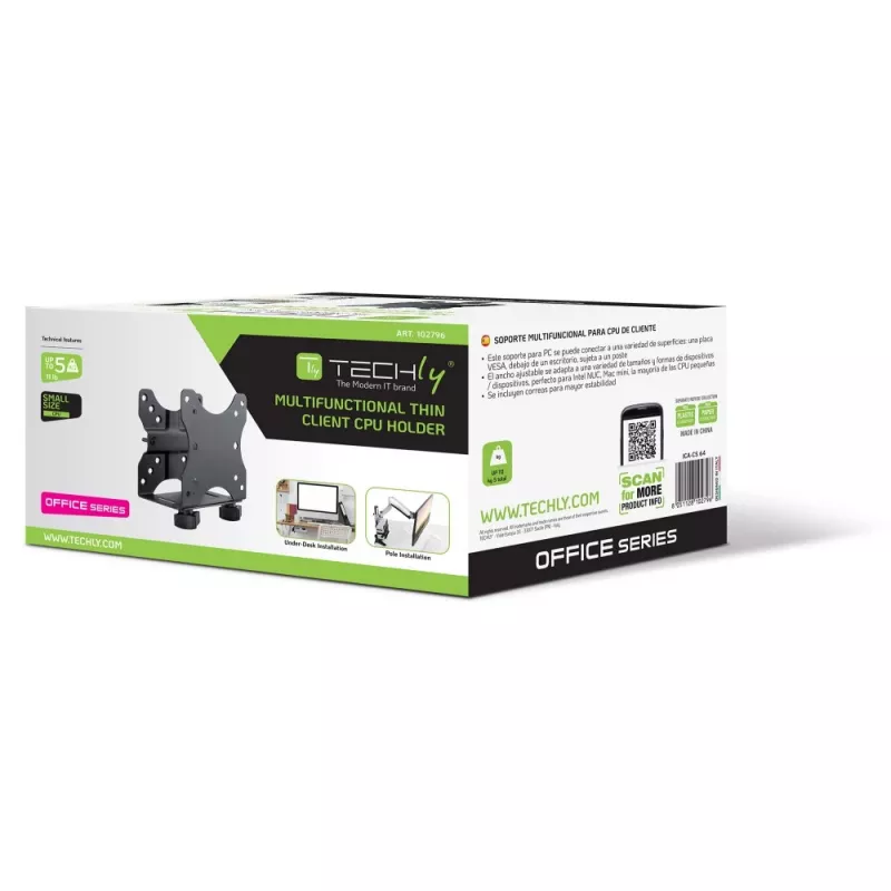 Techly nastaviteľný držiak CPU pod stôl, 5 kg, 75 x 75 mm, 100 x 100 mm, čierny