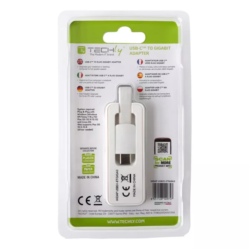 Techly Adaptér USB 3.1 Type-C na RJ45 Gigabit Ethernet, biely
