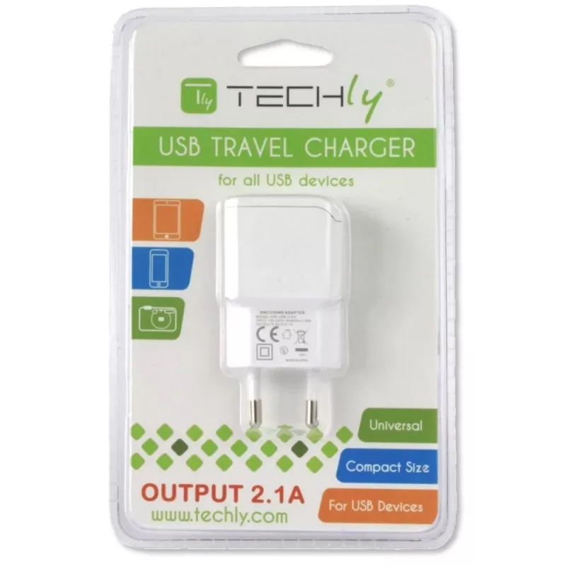 Techly taliansky adaptér zástrčky s 1 USB portom 5V / 2,1A biely IPW-USB-21EC
